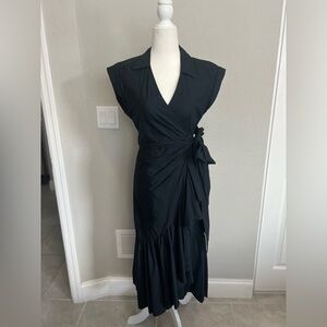 Anthropologie Cotton V-Neck Wrap Midi Dress Size Extra Small  XS Black Like New